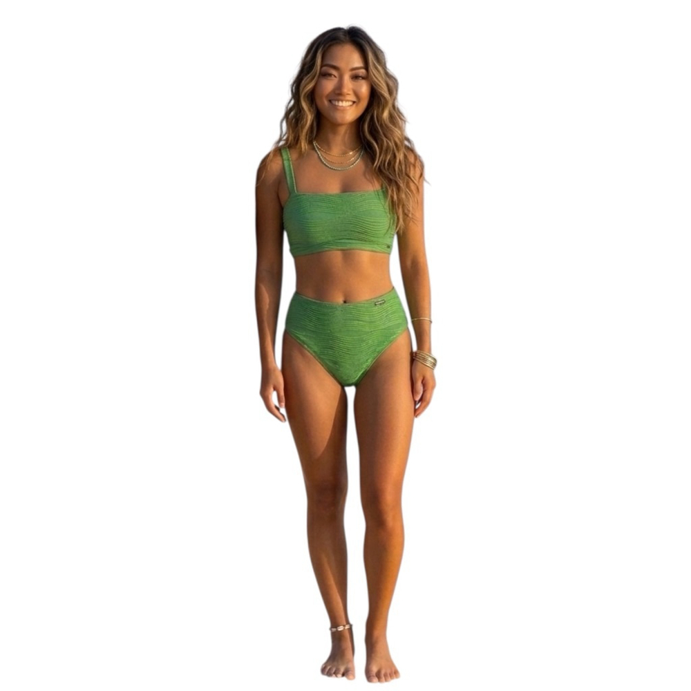 Textured Green High-Waist Bikini Set - Women's Square-Neck Swimwear